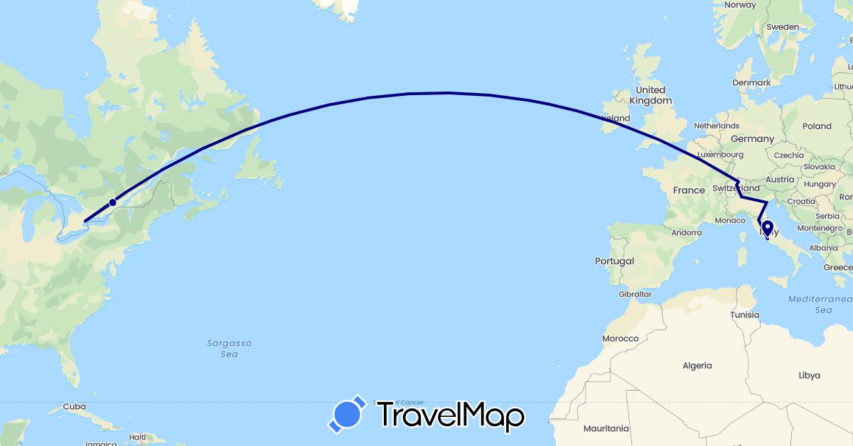 TravelMap itinerary: driving in Canada, Switzerland, Italy (Europe, North America)